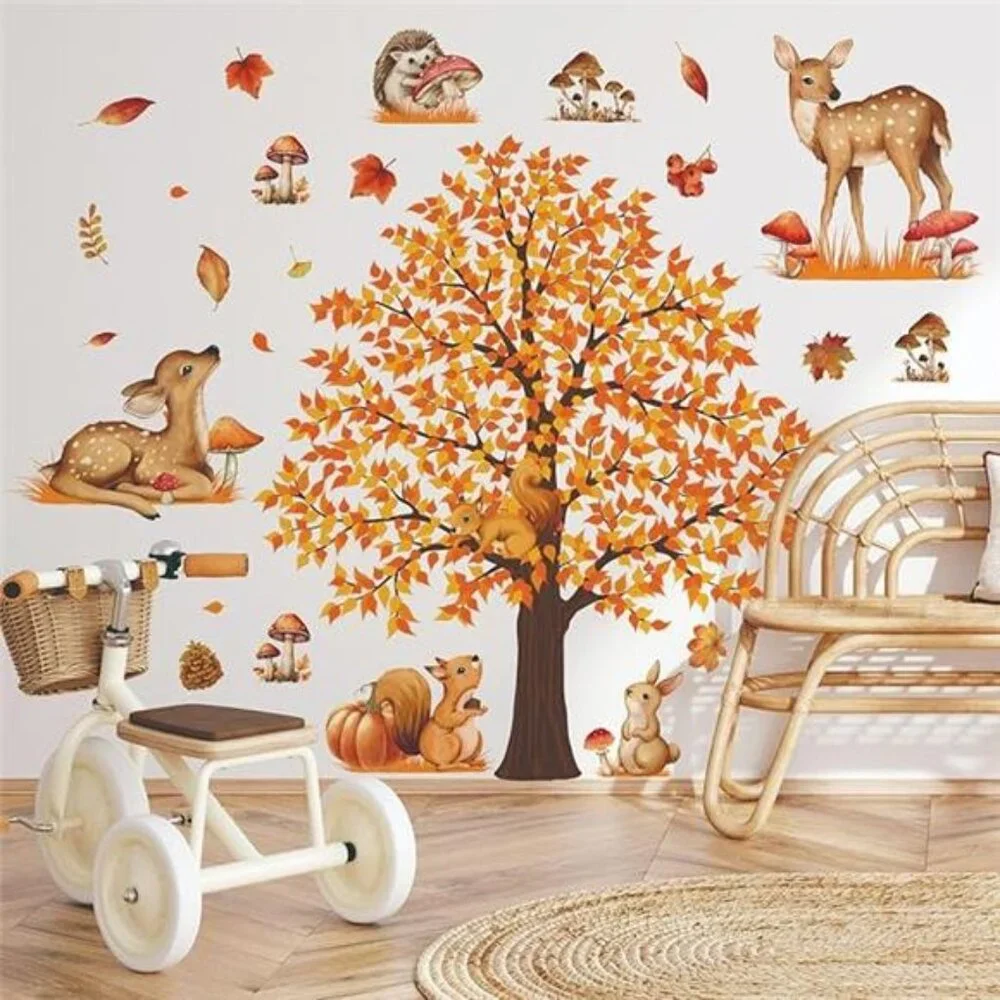 fall autumn maple tree wall decals woodland animals mushroom bedroom decor room